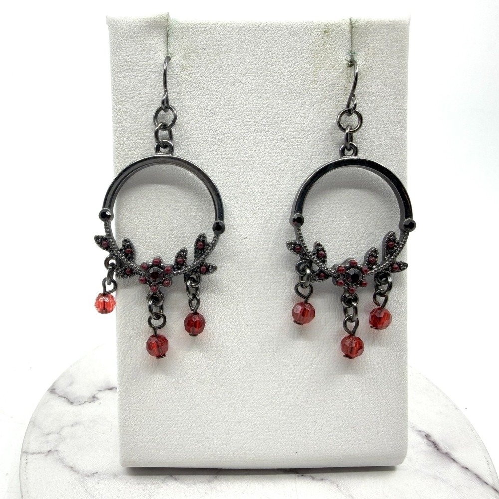Gothic Red Crystal Hoop Earring Filigree Flower Statement Dark Jewelry Gift Idea